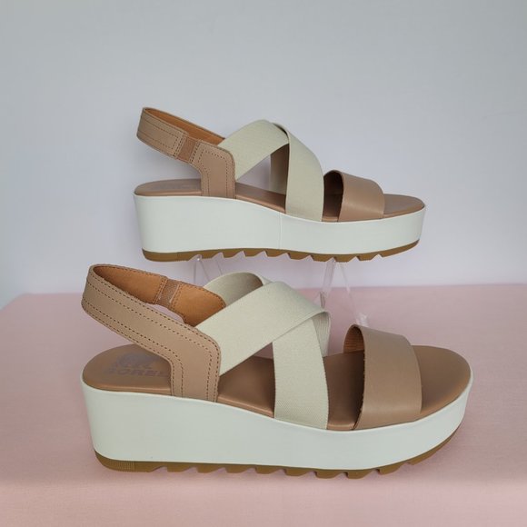 SOREL Cameron Flatform Slingback Leather/Fabric Sandals-Honest Beige/Chalk Size9 - Picture 12 of 16
